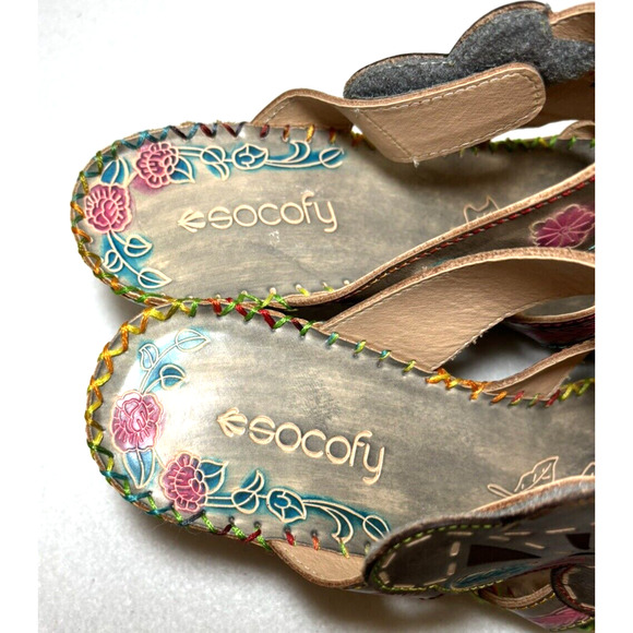 Socofy Wedge Sandals Detailed Cut-Out Leather Women's Sz 11 Retro Artsy - Picture 5 of 10